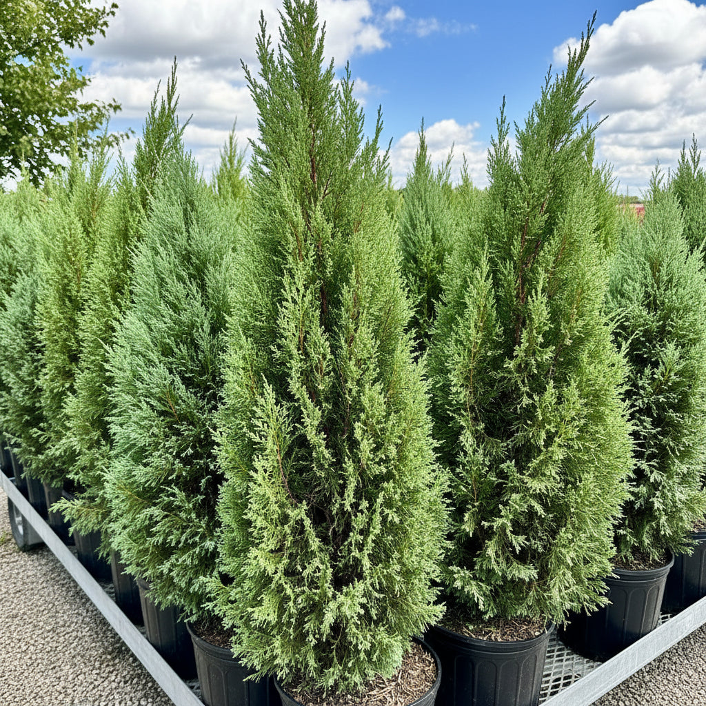 A row of potted Medora Juniper trees featuring dense, upright, bluish-green foliage and a natural columnar shape, growing in black nursery pots