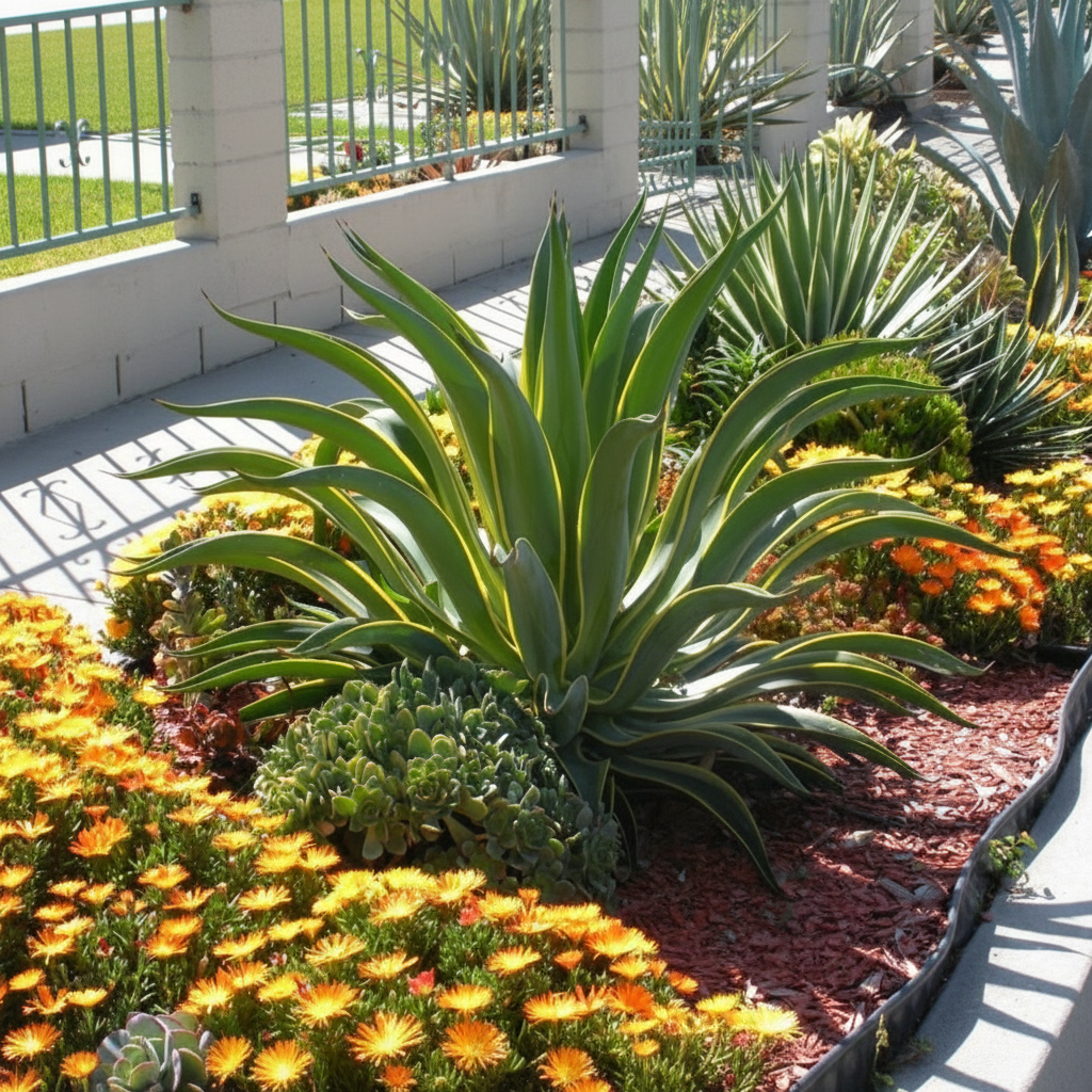 Front view of Agave Desmettiana Lurida showing long stiff dark green leaves with yellow margins in a sunny garden bed