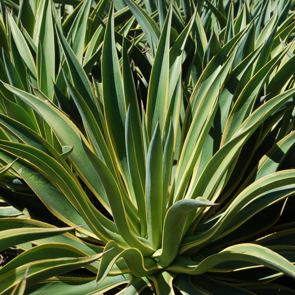 Close-up top view of Agave Desmettiana Lurida showing dark green leaves with yellow margins and stiff pointed tips in a garden