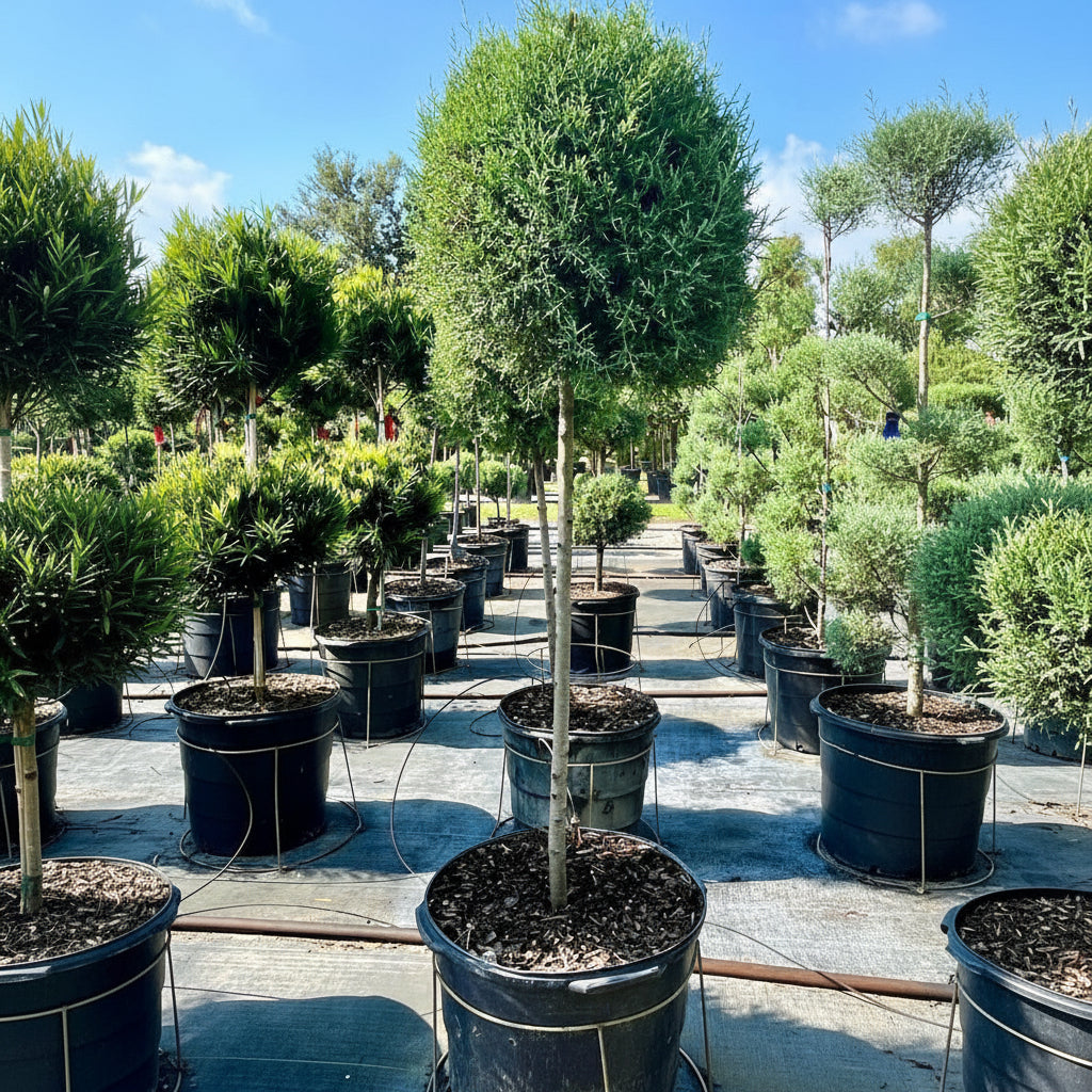 Topiary 1-Ball Carolina Sapphire Tree Form Potted trees in a nursery setting in 5gal pot
