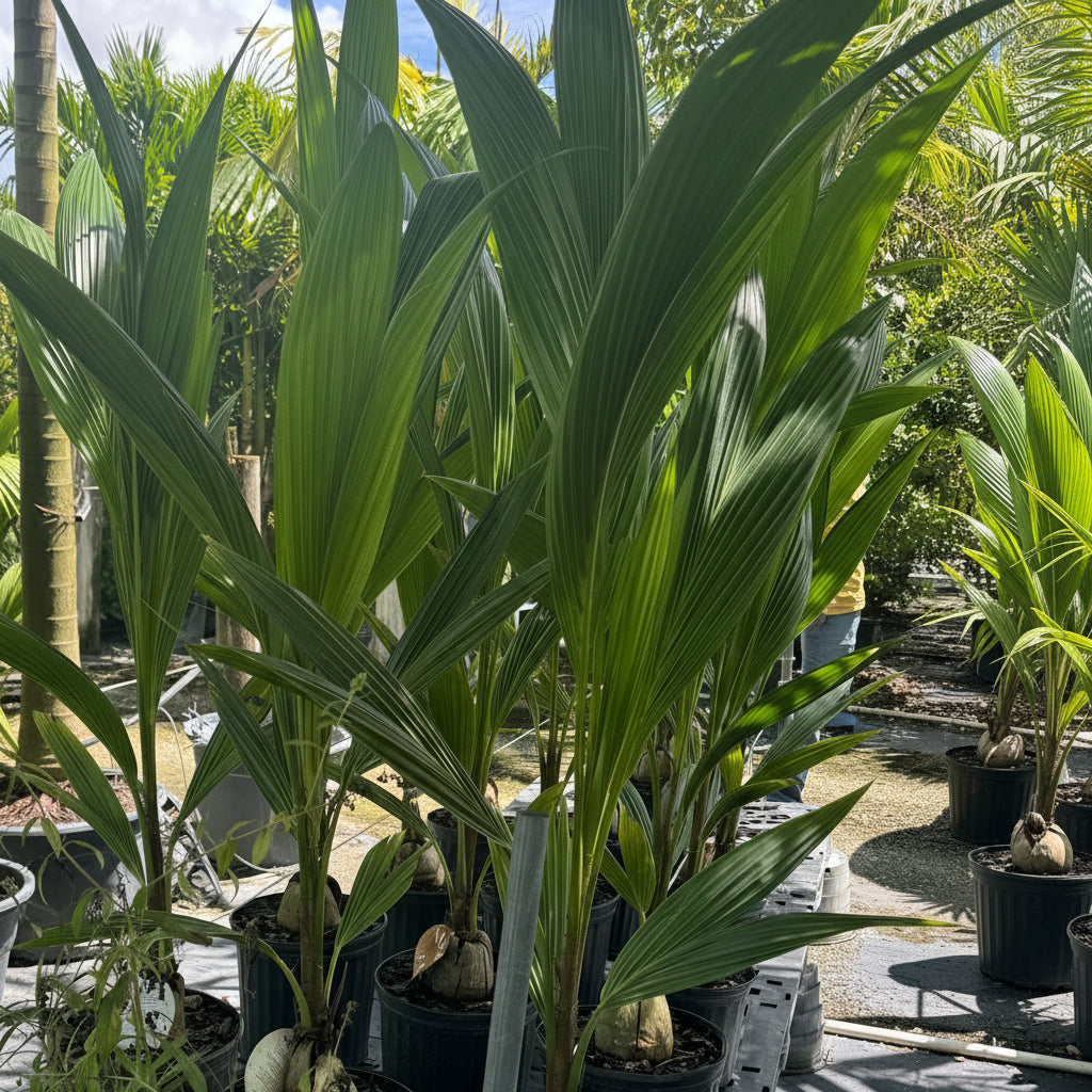 Coconut Palm Tree, Green Malayan Cocos nucifera in 1 gallon grower pot with visible sprouting coconuts and lush green fronds