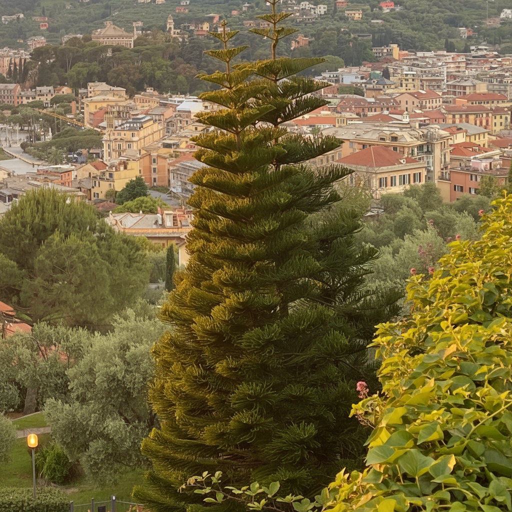 Norfolk Island pine plant mature tree planted in the side of a hill