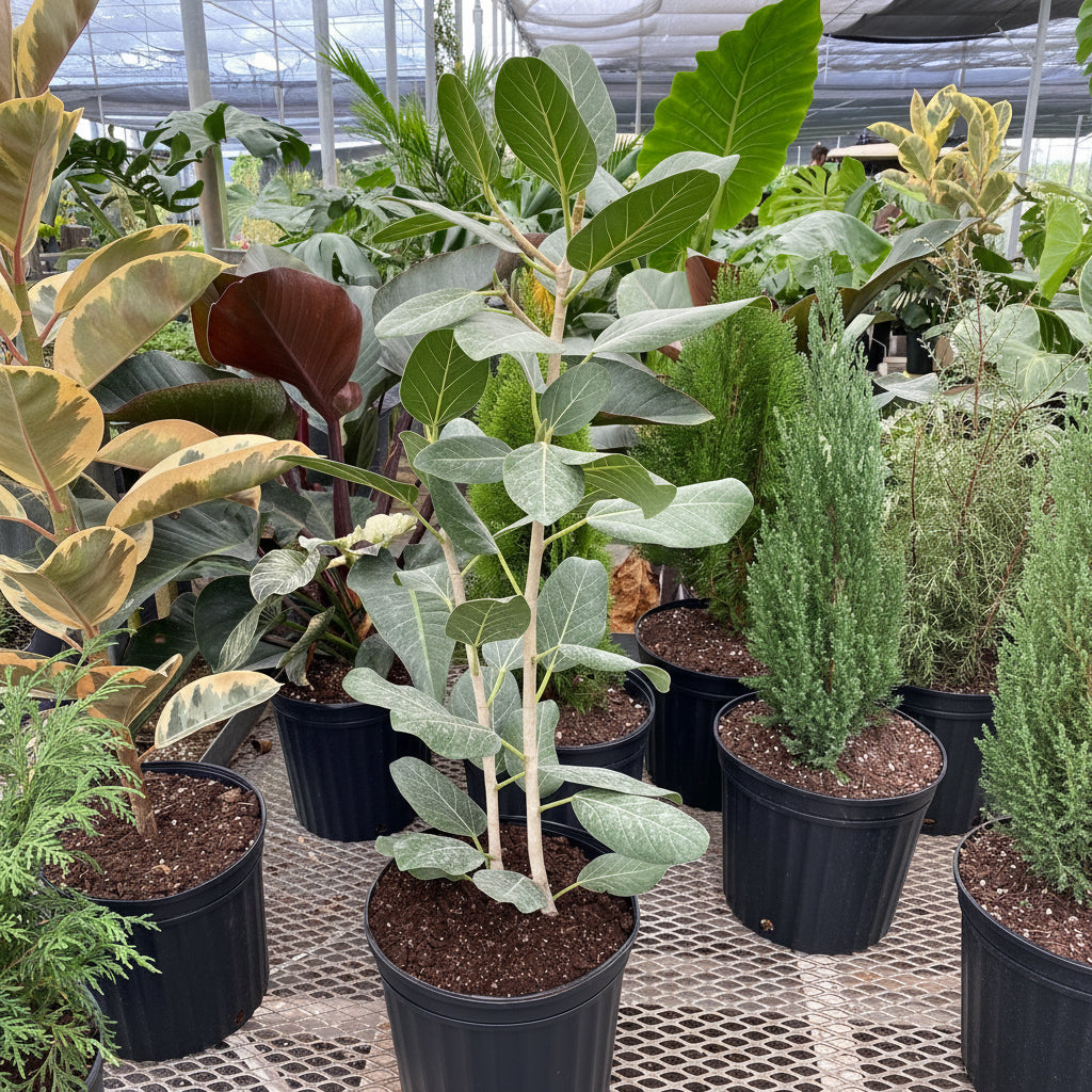 Ficus Audrey (Ficus benghalensis) surrounded by other varieties