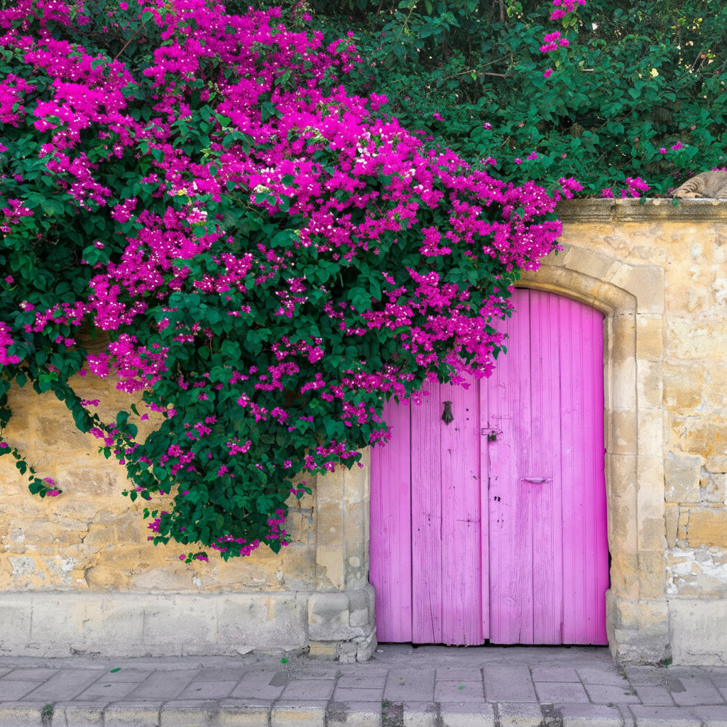 Mature Bougainvillea Purple Flower Bush Form, New River Flowering Tree with dense purple blooms cascading over a stone wall and framing a pink wooden door, showing full grown landscape appearance ideal for Mediterranean style gardens and vibrant property borders.