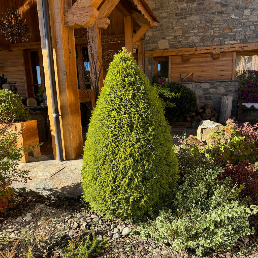 berckmans golden topiary cone in a garden setting with a wooden structure and stone wall in the background