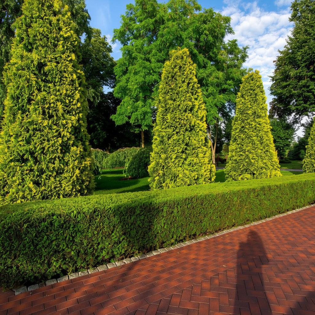 A landscaped garden scene with trimmed bercksman golden conical and low hedges, rectangular greenery border, and a red brick pathway under a blue sky with clouds