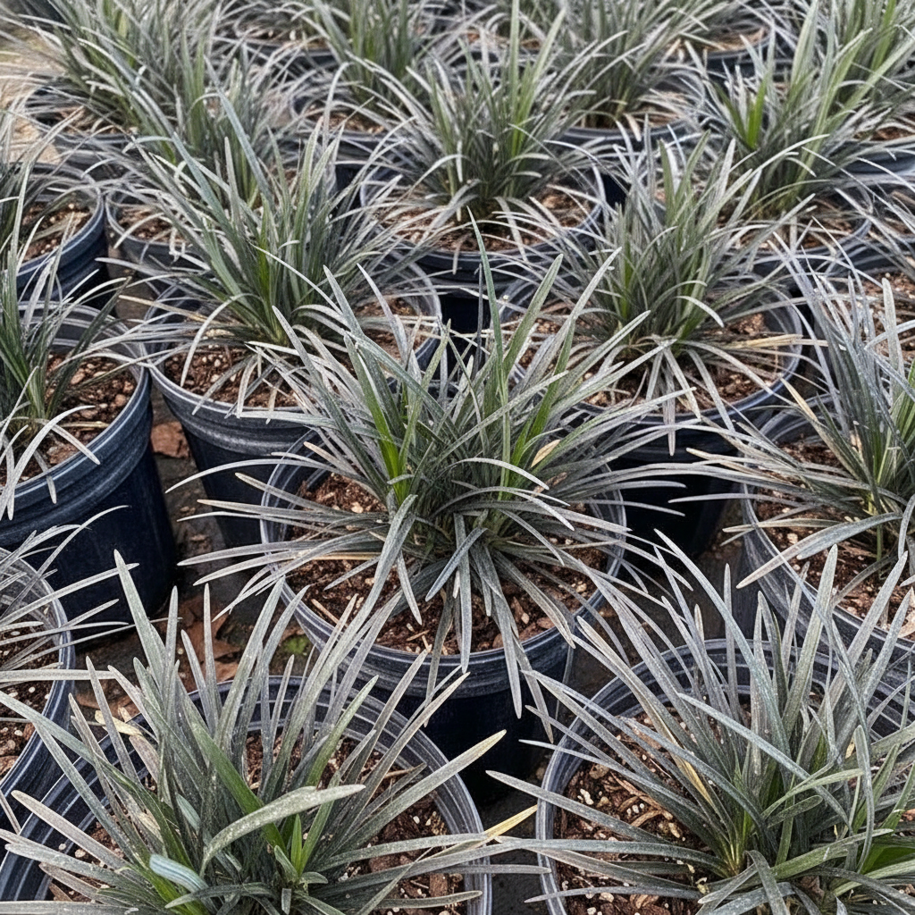 Multiple potted ornamental black modo grass plants with long, narrow silver-gray leaves arranged in rows in black nursery pots.
