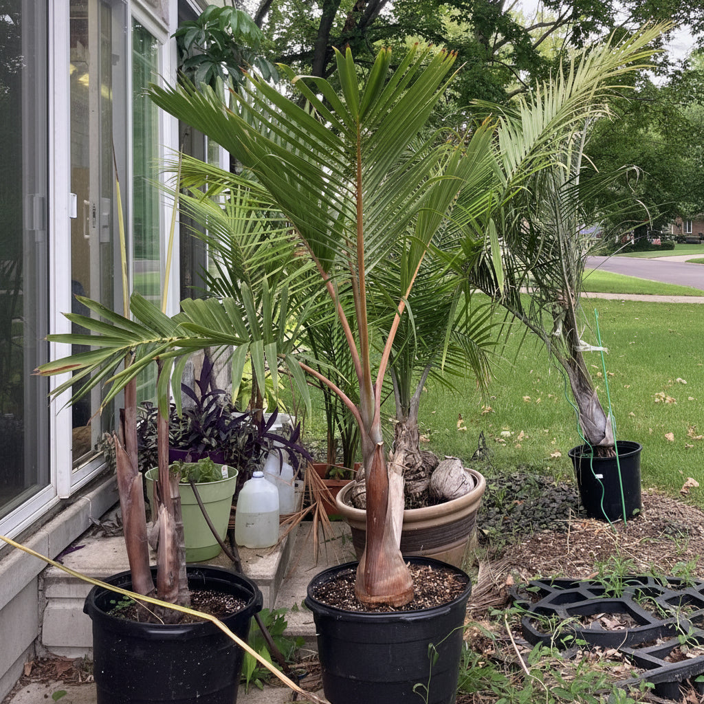 Bottle Palm, Colpothrinax wrightii in a 7 gallon black grower pot outdoors on a mulched garden bed next to a sliding glass door, featuring its characteristic swollen, bottle-shaped trunk and arching green fronds, ideal for adding a striking tropical silhouette to your residential landscape or patio.