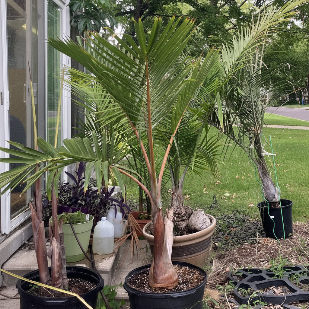 Bottle Palm, Hyophorbe lagenicaulis in a 7 gallon black grower pot outdoors on a grassy lawn alongside other potted plants, featuring its distinctive swollen trunk and arching green fronds, ideal for creating a striking tropical focal point in your outdoor space or garden.
