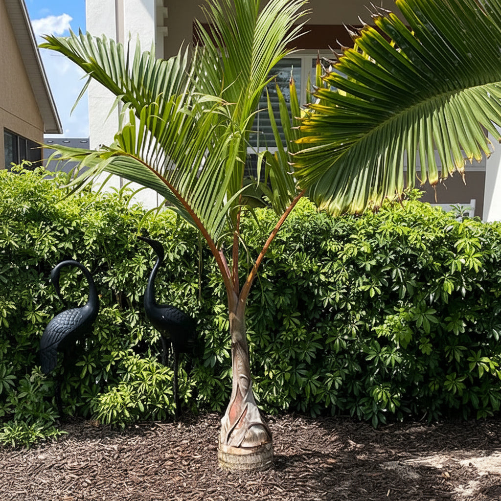 Bottle Palm, Hyophorbe lagenicaulis planted outdoors in dark soil alongside black bird statues in front of a lush green hedge, featuring its distinctive swollen trunk and arching green fronds, ideal for creating a striking tropical focal point in your landscape or garden.