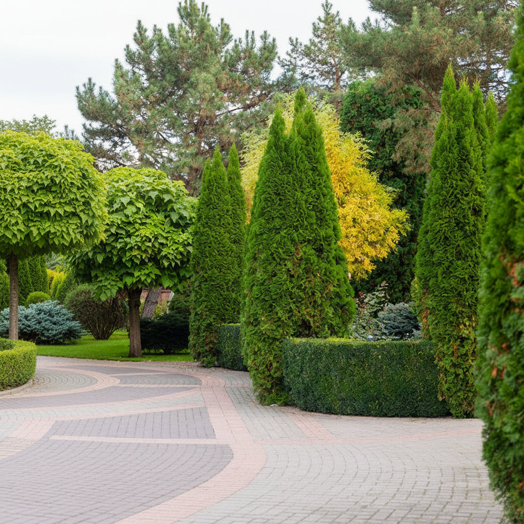 Spartan Juniper Tree, Juniperus chinensis fully grown planted in garden.