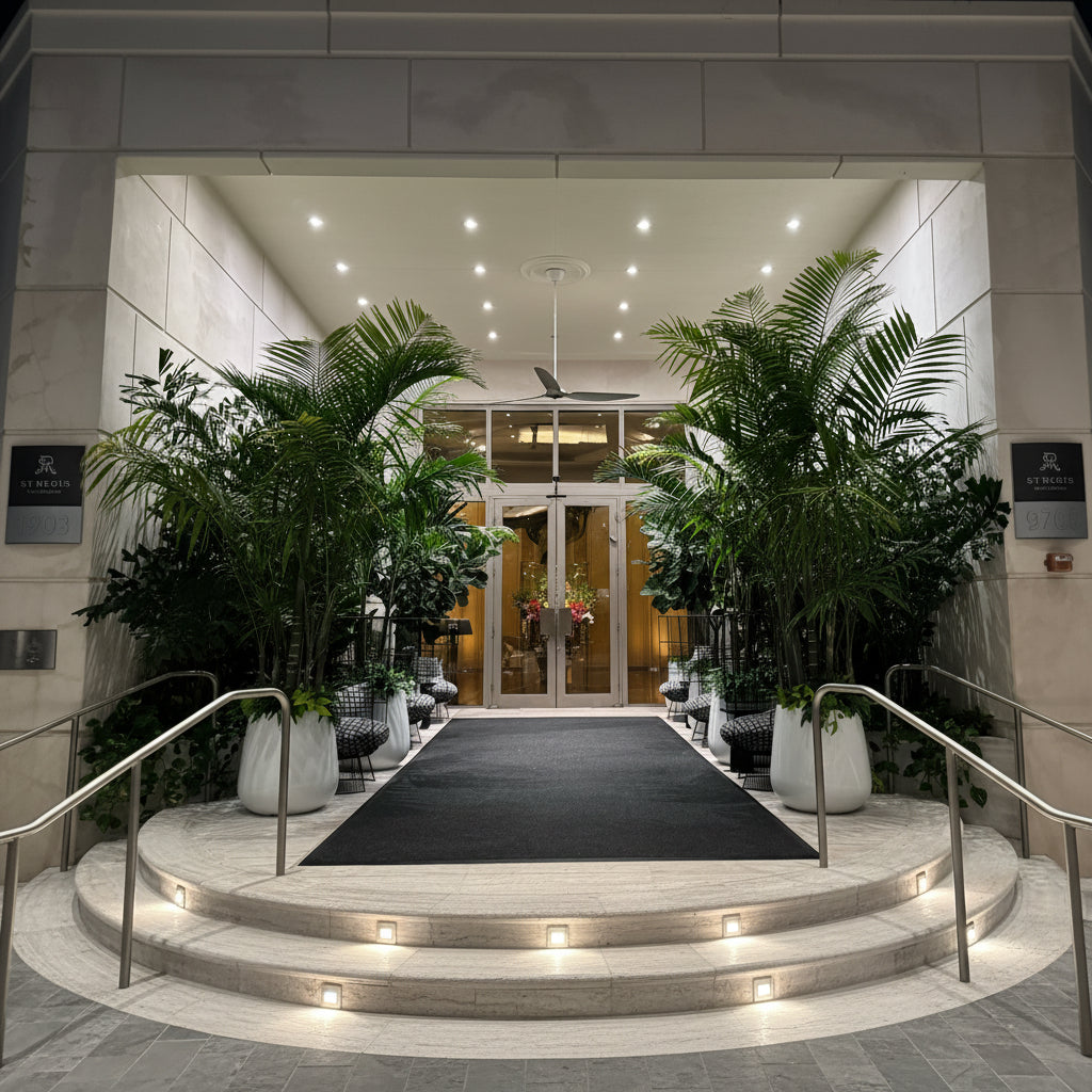 Lush, mature palm trees in large white planters flanking the illuminated entryway of a luxury building at night