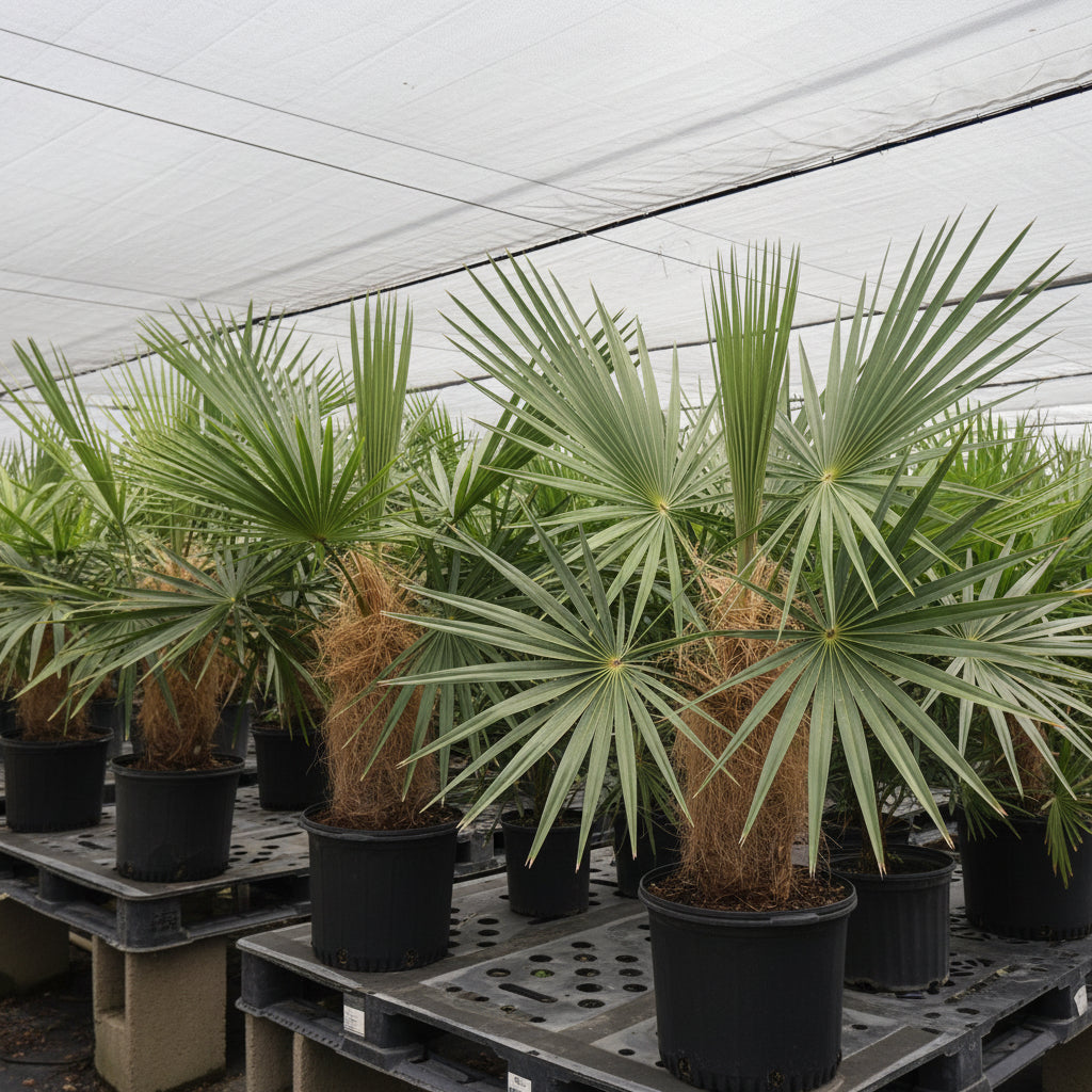 Old Man Palm, Coccothrinax Crinita, Palma Petate featuring unique fibrous, hairy trunks and green fan-shaped fronds in 7 gallon black nursery pots