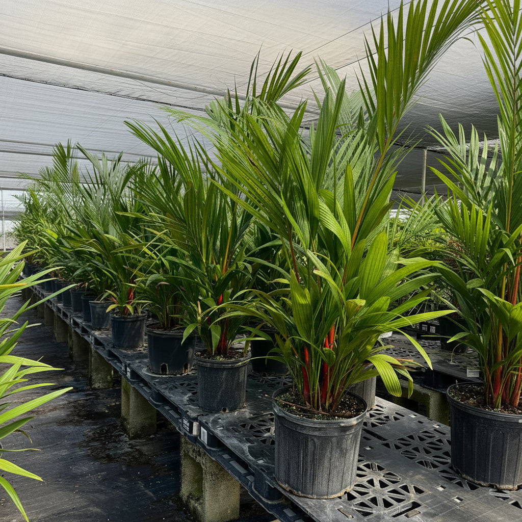 Lipstick Palm Red Sealing Wax Palm, Cyrtostachys Renda in a black grower pot with lush green ribbed fronds, ideal for a focal accent plant in living rooms, offices, or sun-drenched patios.