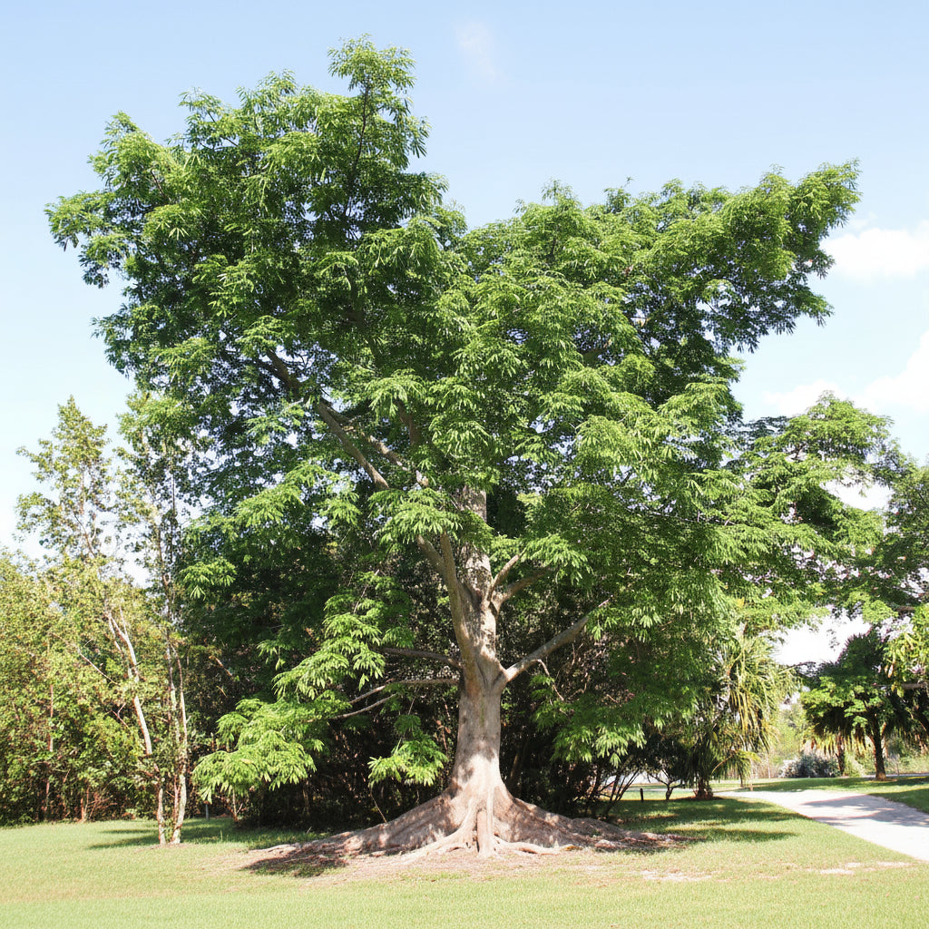A large, mature Ceiba Speciosa (Floss Silk Tree) featuring a thick, textured trunk and a wide, spreading canopy of lush green foliage