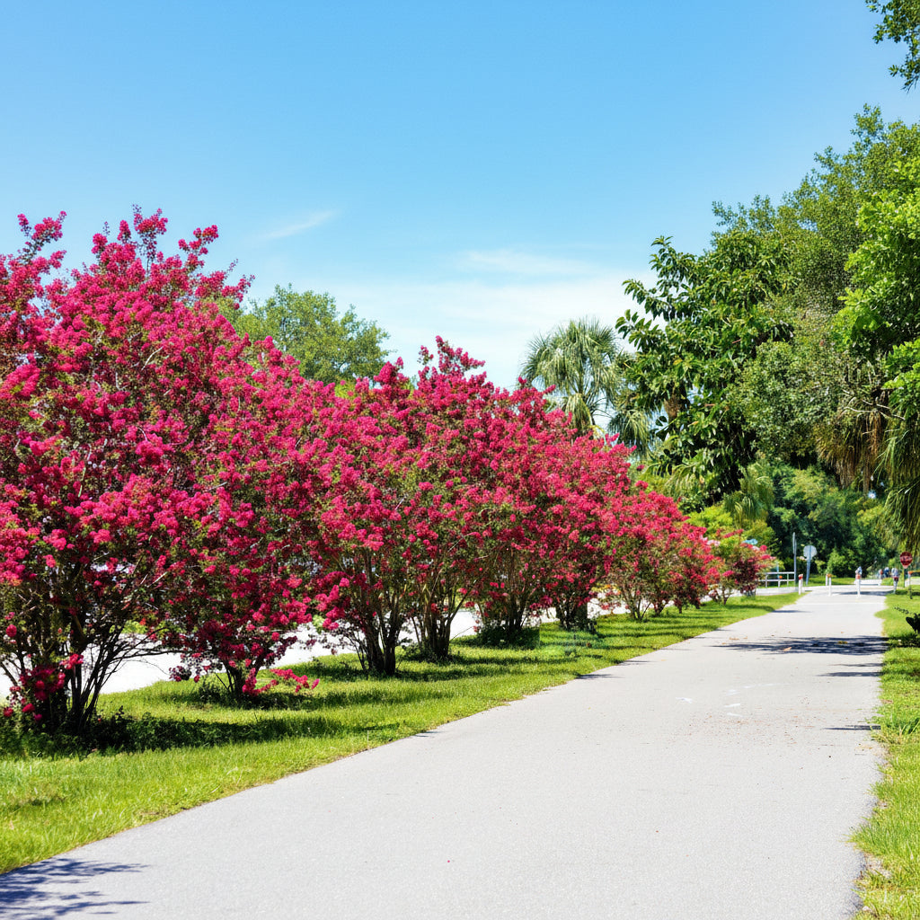 Dynamite Red Crape Myrtle trees blooming along a path.