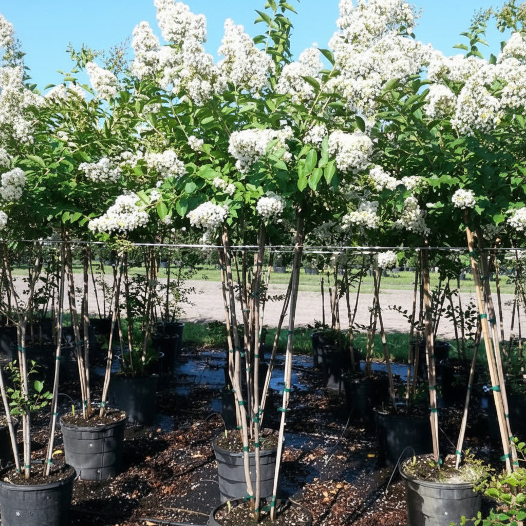 Rows of young, potted Natchez Crape Myrtle trees covered in bright white blooms