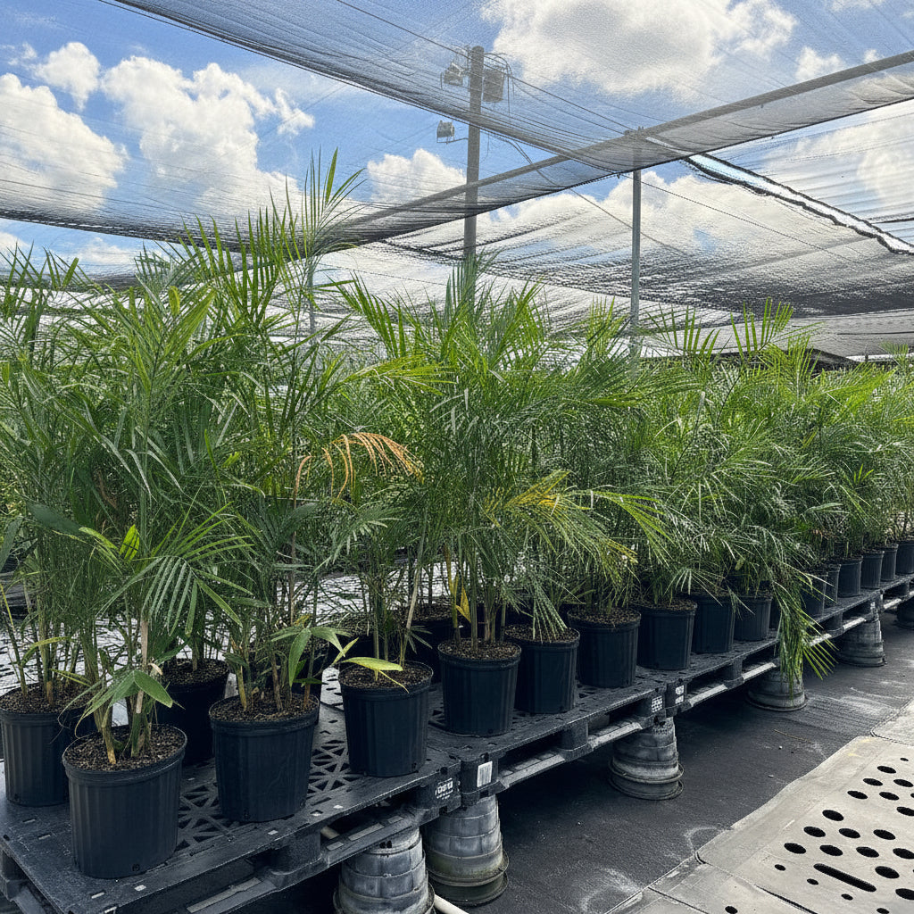 Chamaedorea sefrizii Bamboo palm Row of potted plants on pallets inside a greenhouse with a view of the sky.