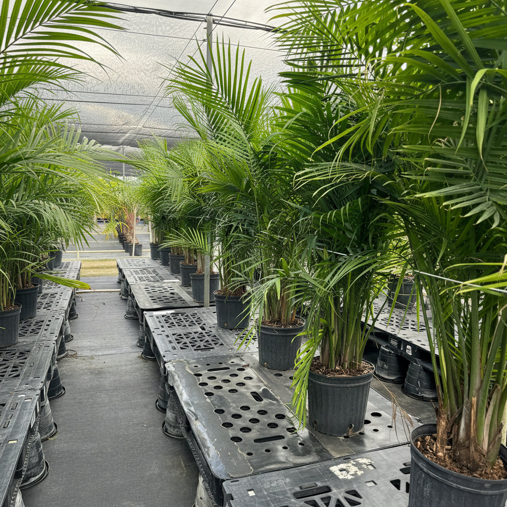 Majesty Palm, Ravenea Rivularis in 2 gallon black grower pots elevated on slatted benches within a sunlit shade house nursery setting, featuring their characteristic gracefully arching dark green fronds and lush, full canopies, ideal for bringing a vibrant, classic tropical feel to your landscape, shaded patio, or home interior.