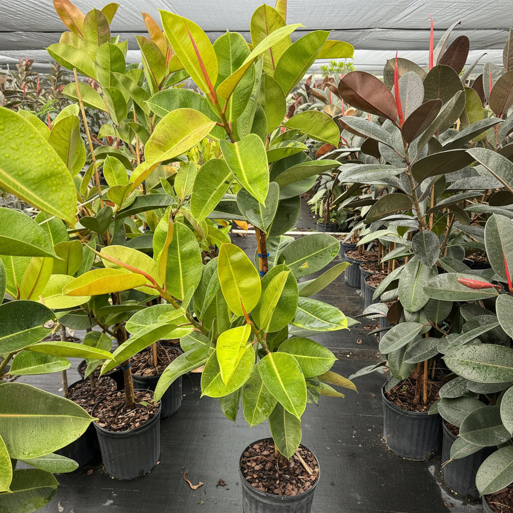 Ficus Shivereana Tree Form Single Stem, Moonshine Ficus in a black nursery pot, prominently featuring a clear single trunk and a canopy of beautiful light green, variegated foliage, standing on black landscaping fabric within a shaded outdoor nursery greenhouse setting alongside other plants, showcasing its striking colors and healthy growth.