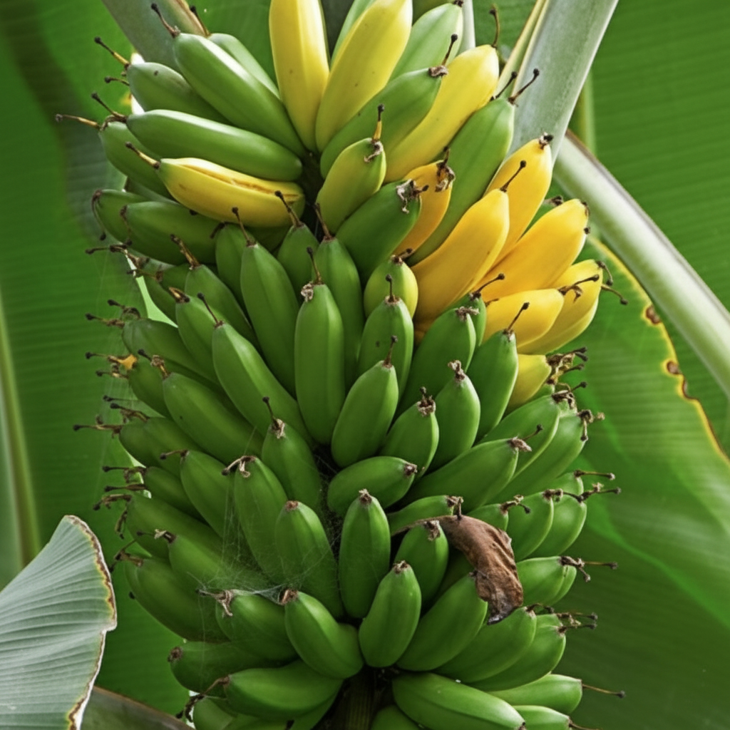 A close-up view of a large bunch of developing bananas on a Dwarf Cavendish Banana Fruit Tree, featuring a dense cluster of fruit with the top layer ripening to bright yellow and the lower layers