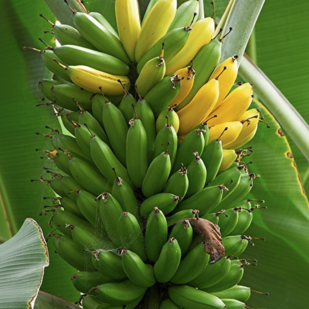 A close-up view of a large bunch of Dwarf Cavendish bananas growing on the plant