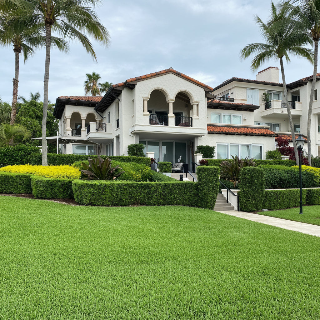 A scenic landscape view featuring a meticulously manicured green lawn in the foreground, backed by beautifully trimmed