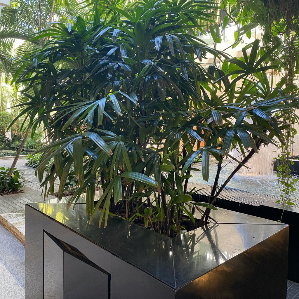 Mature Lady Palm, Rhapis Excelsa, Indoor Queen Palm with dense, dark green broadleaf fronds in a modern outdoor planter, showing full grown landscape appearance ideal for sun-drenched patios and elegant outdoor landscapes.