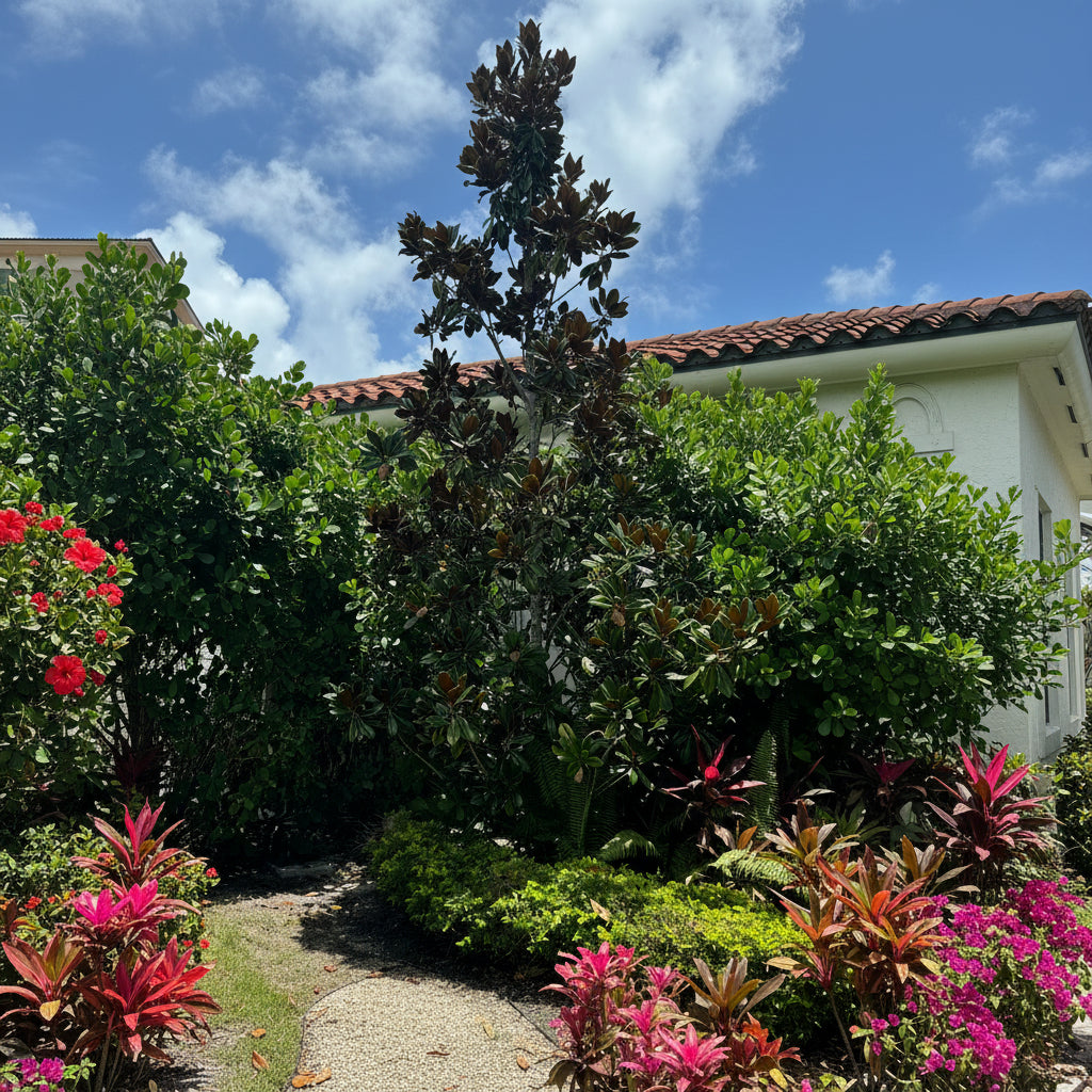 Mature Magnolia Little Gem Flowering Tree with dense evergreen canopy and fragrant white flowers, showing full grown landscape appearance ideal for luxury garden designs.