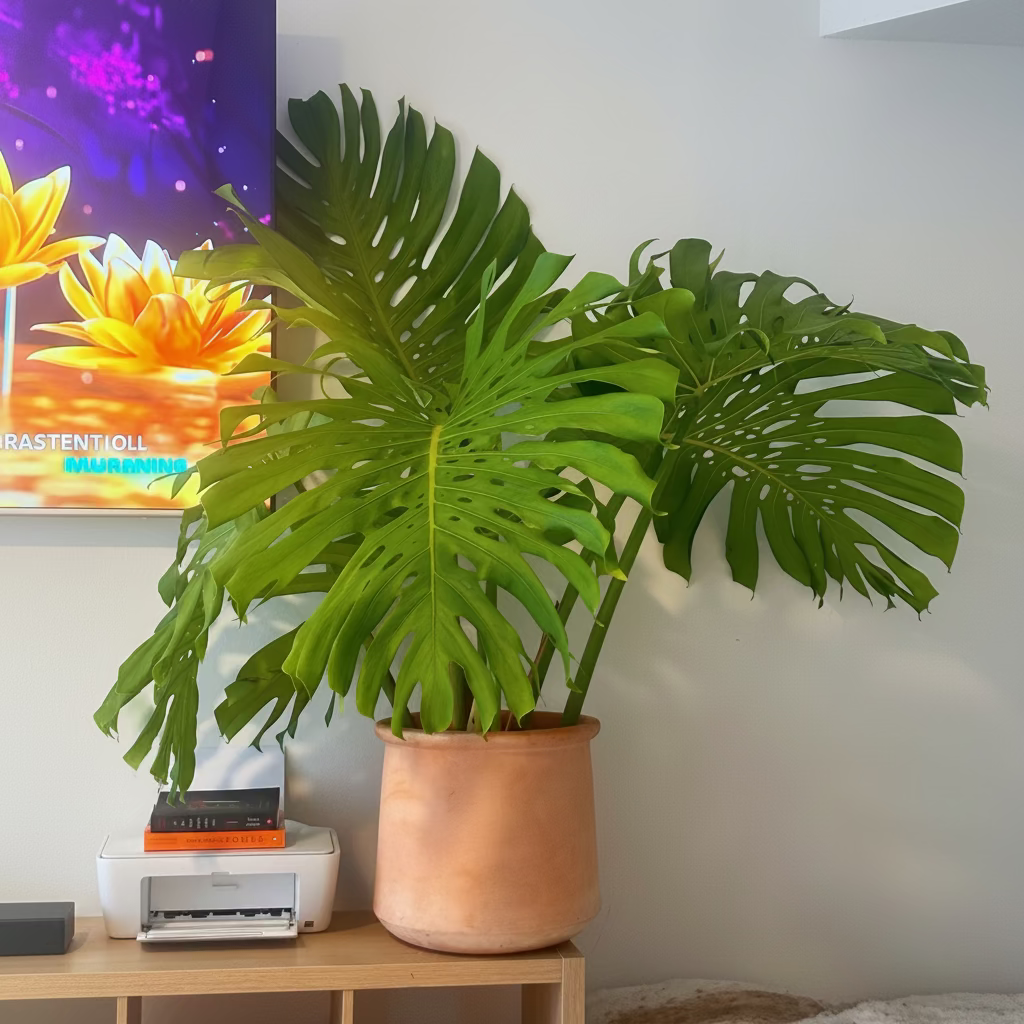 Monstera Deliciosa, Swiss Cheese in a terra cotta pot with characteristic split green leaves and lush tropical foliage