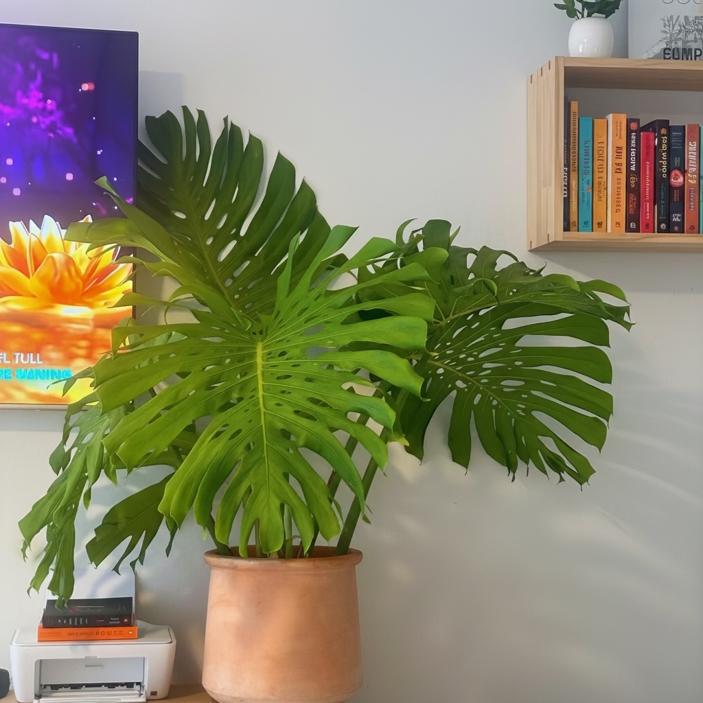 Monstera Deliciosa, Swiss Cheese in a terra cotta pot with characteristic split green leaves and lush tropical foliage