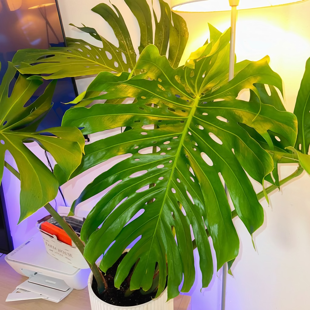Full Grown Monstera Deliciosa, Swiss Cheese in a 5-gallon decorative white pot for indoor use to amplify modern interior entryways or lobbies.