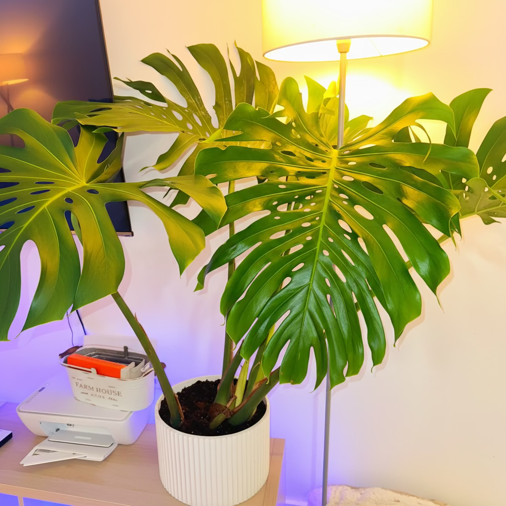 Monstera Deliciosa, Swiss Cheese in a decorative white pot with characteristic split green leaves and lush tropical foliage