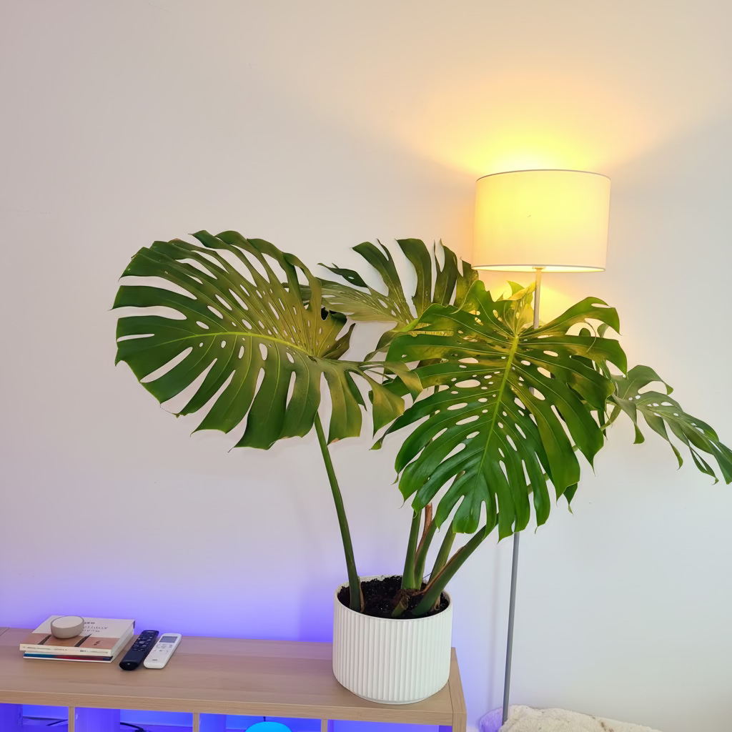 Monstera Deliciosa, Swiss Cheese in a decorative white pot with large characteristic split green leaves and wide tropical foliage