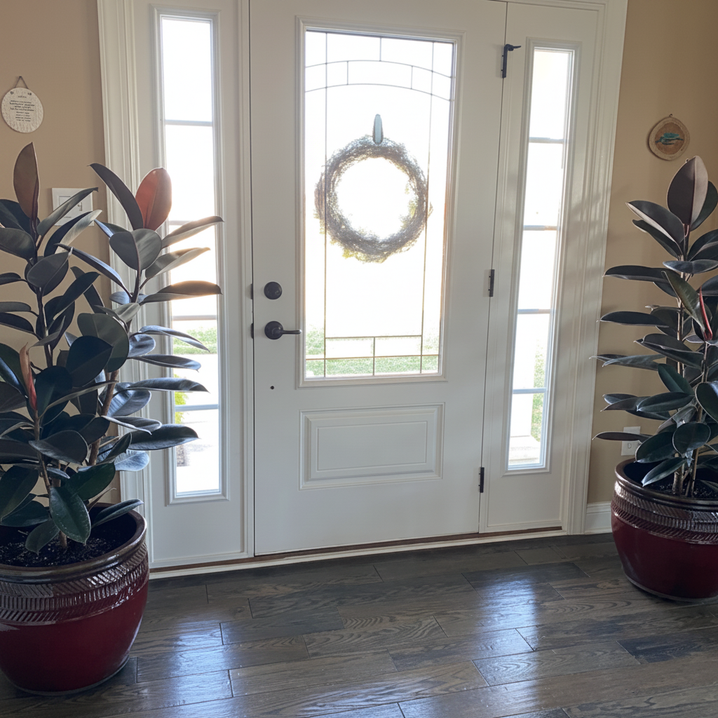ficus burgundy bush form in living room Front door with a wreath, flanked by two potted plants on a wooden floor.
