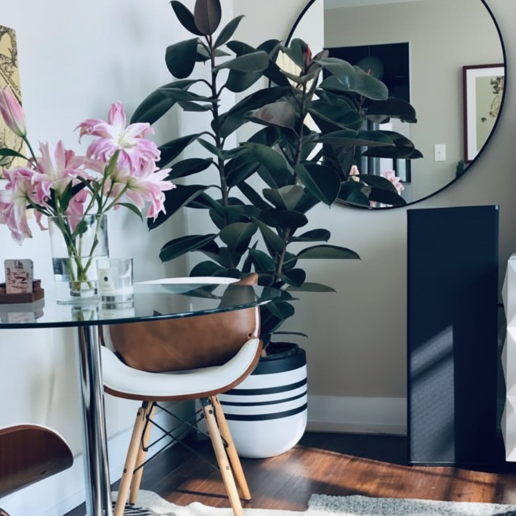 ficus burgundy bush form in living room Modern interior with a glass table, chairs, and decorative plants.
