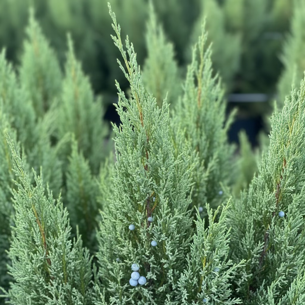 A close-up view of the dense, upright bluish-green foliage of a Medora Juniper , showcasing its highly textured, needle-like branches.