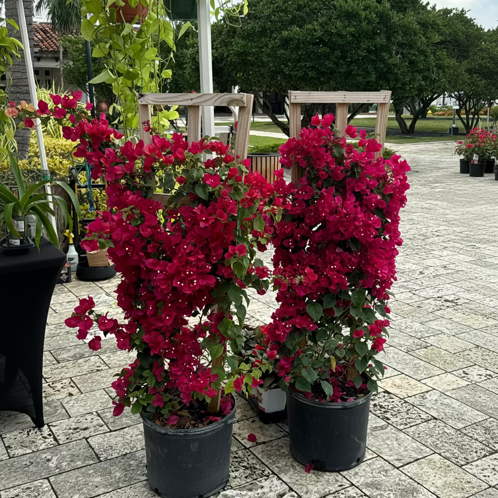 Bougainvillea Red Flower Bush Form, Barbara Karst Flowering Tree in 7 gallon nursery pot with vibrant red blooms trained on wooden stakes, ideal for patio planters and tropical garden landscapes.