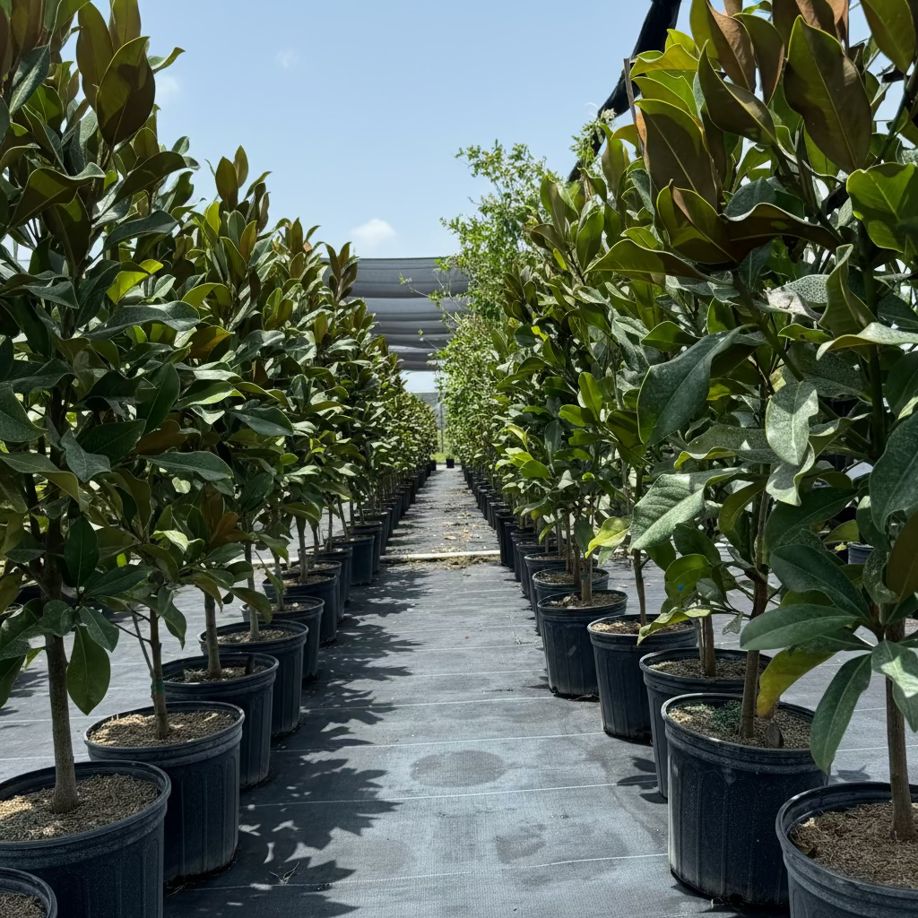 Young Magnolia Grandiflora Little Gem Flowering Tree in 5 gallon black grower nursery pots, prominently featuring their characteristic glossy, dark green leaves with copper undersides, arranged in a neat row on black landscaping fabric within a bright outdoor nursery setting, showcasing their healthy early growth and careful cultivation.