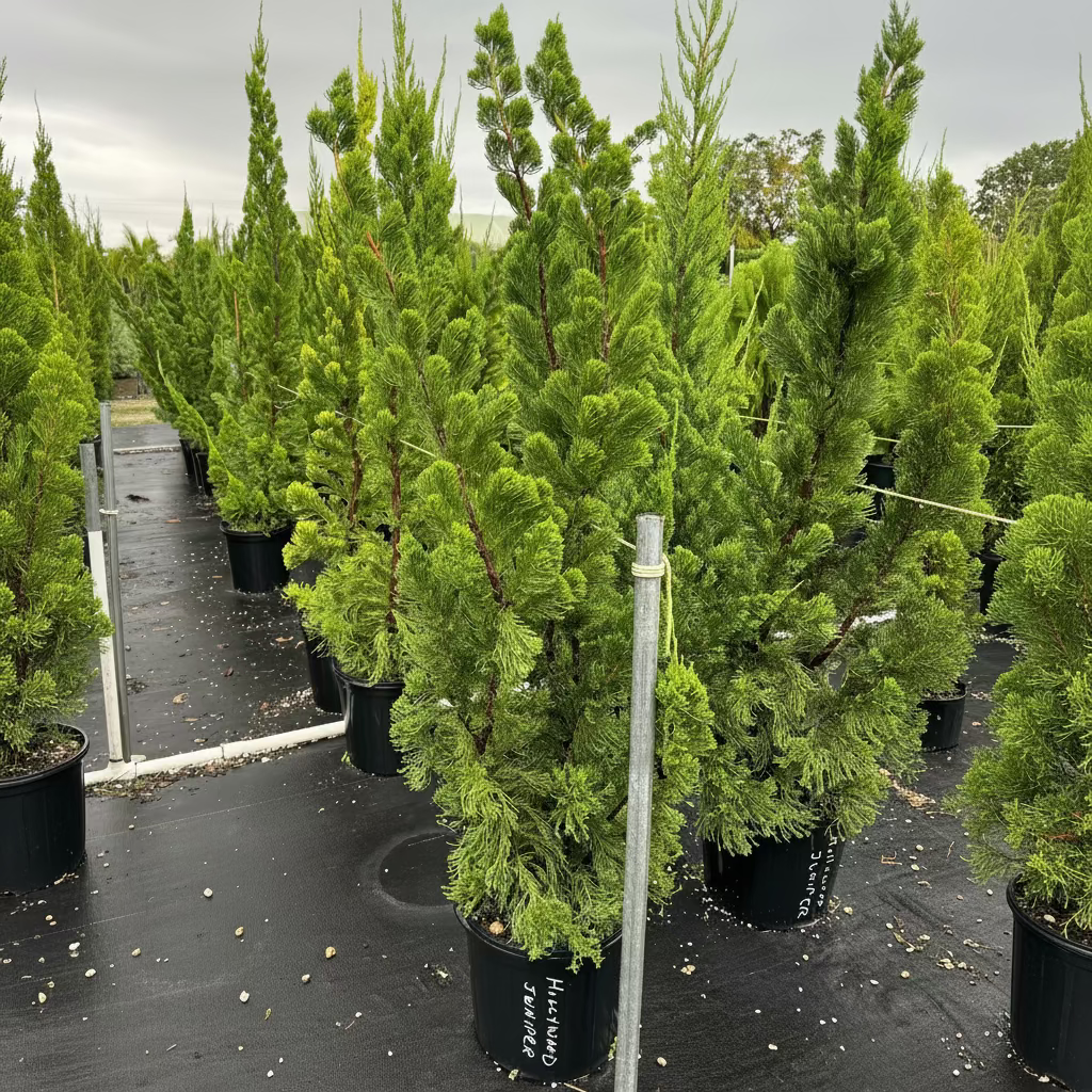 A group of young potted Hollywood Juniper trees featuring their characteristic bright green, dense foliage and naturally upright