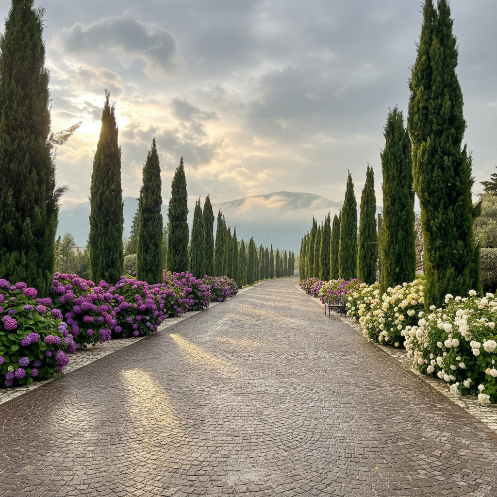 Long driveway lined with tall green Italian Cypress trees and mountains in the background