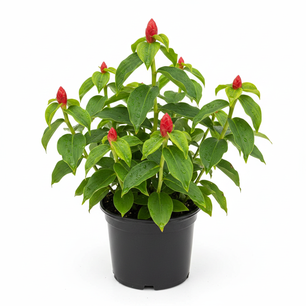 Potted Red Button Ginger plant with bright red flowers A potted plant with bright green leaves and small red flower buds, shown in a black nursery pot on a white background.