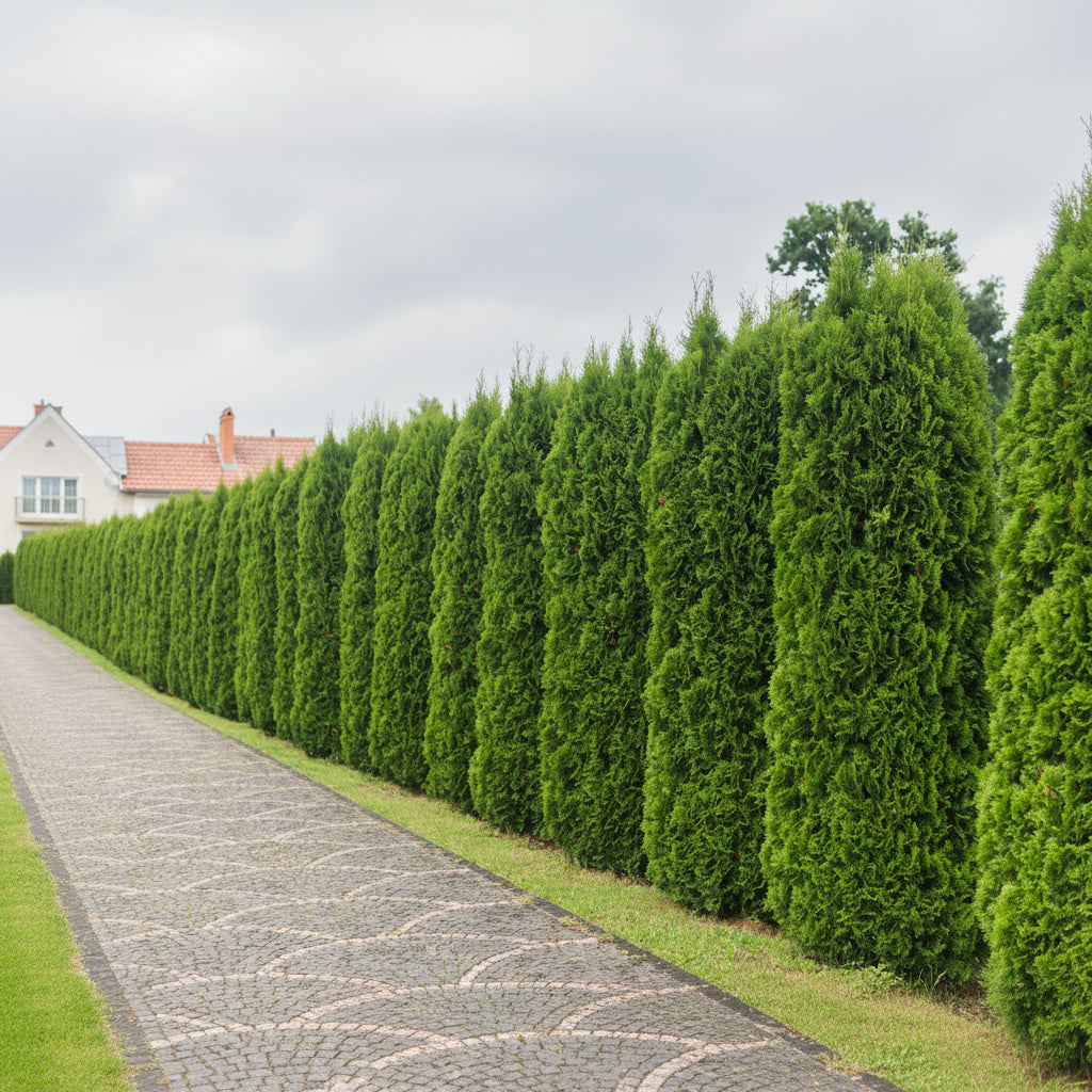 Tall Green Giant evergreen trees in a landscape.