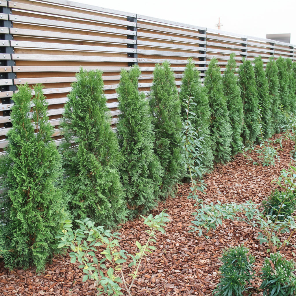 Row of Green Giant Arborvitae against a wooden fence