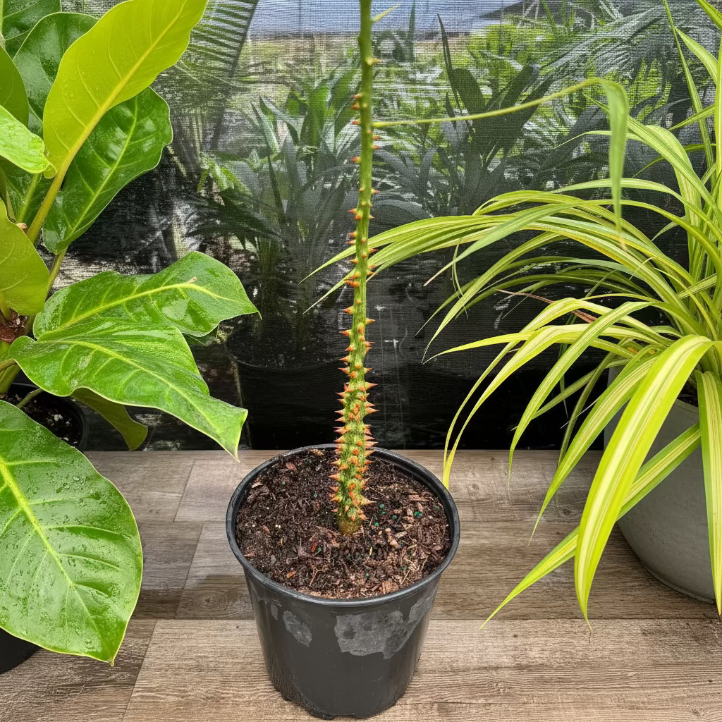 A young potted plant featuring a tall, straight green stem densely covered in prominent, sharp thorns, growing in a black nursery pot.