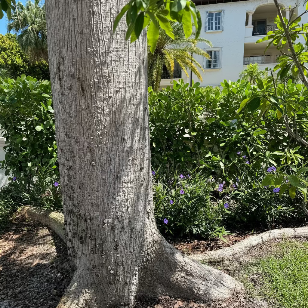 A close-up view of the thick, textured trunk and spreading root base of a mature tree, planted in a sunny landscaped garden bed