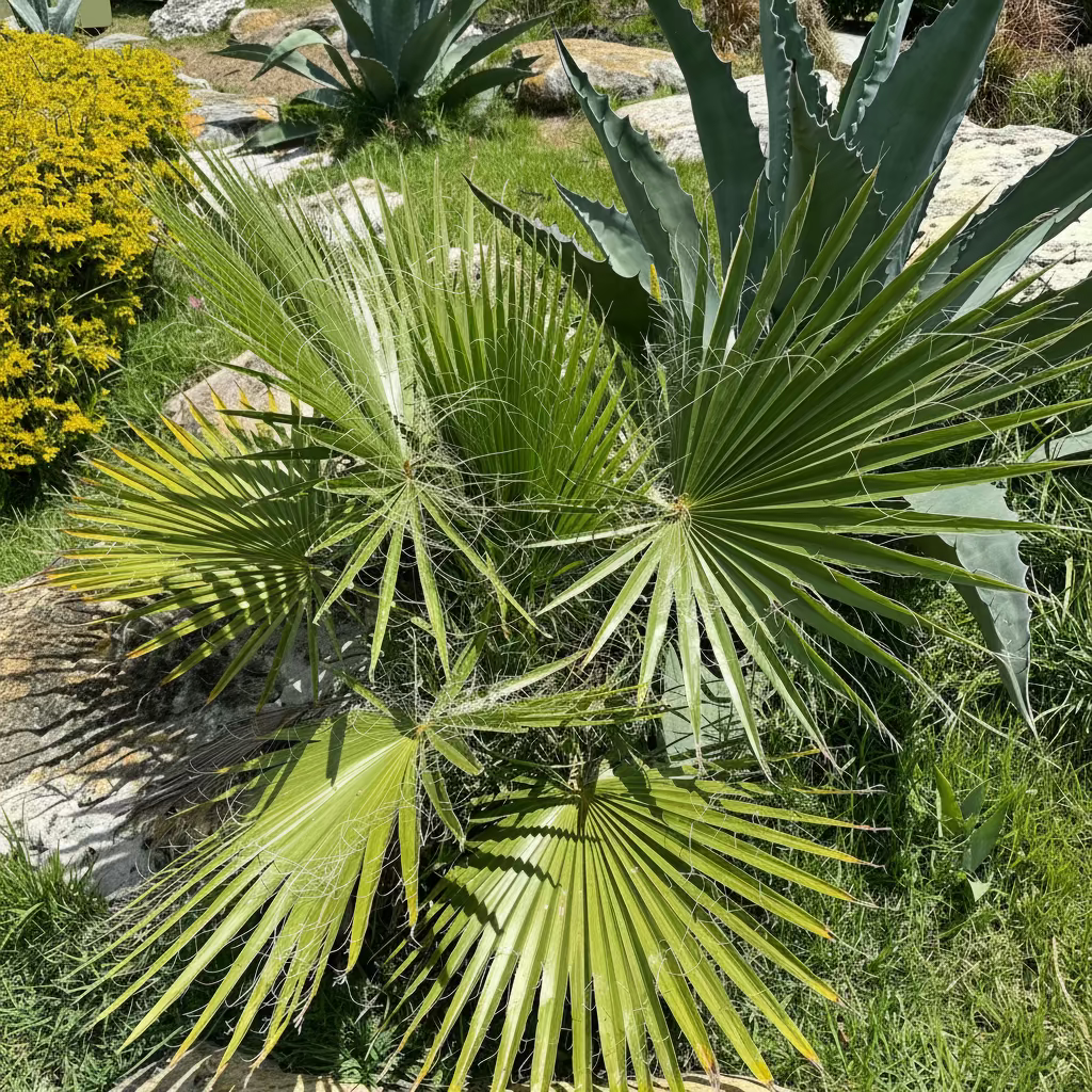 A vibrant Washington Palm tree featuring its characteristic sturdy trunk and a lush crown of large, fan-shaped green fronds