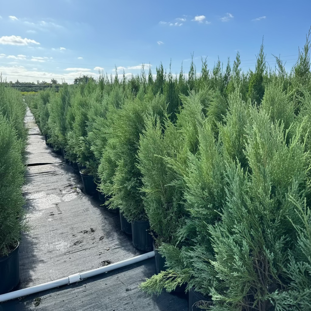 A long row of potted Medora Juniper trees featuring dense, upright, bluish-green foliage, growing in black nursery pots