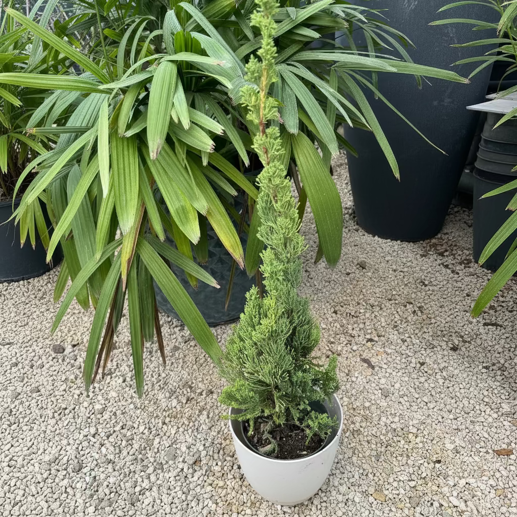 A young potted Robusta Green Juniper (Juniperus chinensis) shaped like a small Christmas tree, featuring dense, upright green foliage, growing in a round white pot