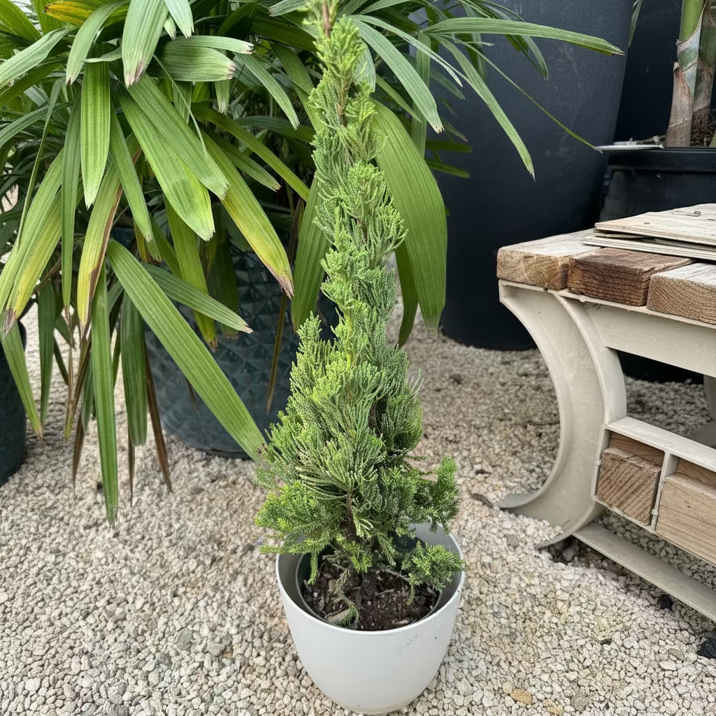 A young potted Robusta Green Juniper shaped like a small Christmas tree, featuring dense, upright green foliage, growing in a round white pot
